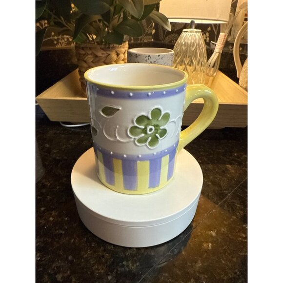 Hand-Painted Floral Ceramic Mug Yellow & Purple Stripes With Green Flower Design - Picture 1 of 5